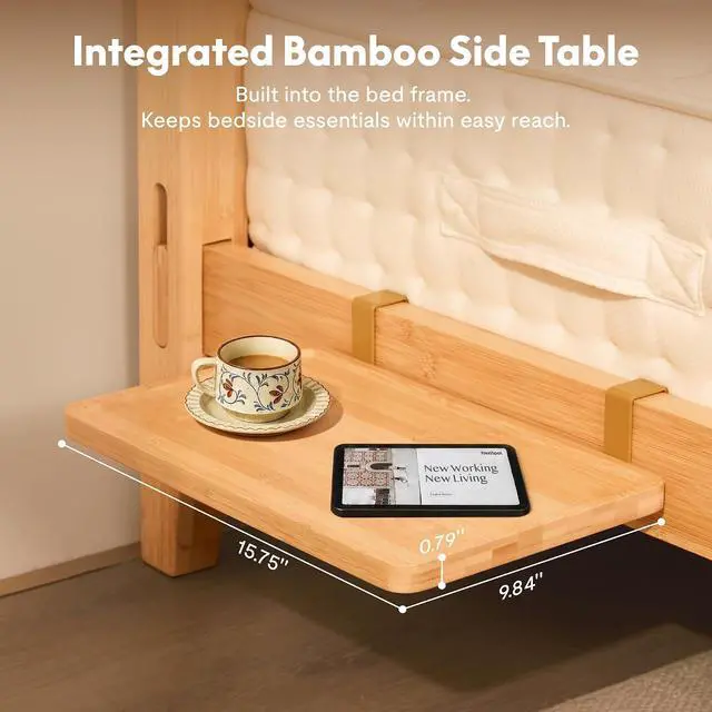 Alt view image 6 of 7 - Hako G4 Queen Bamboo Platform Bed Frame with Charging Storage Headboard, Japanese Joinery Bed Frame, Built-in Night Light, Minimalist Style, Quick Assembly, 1300 lbs Capacity, Natural