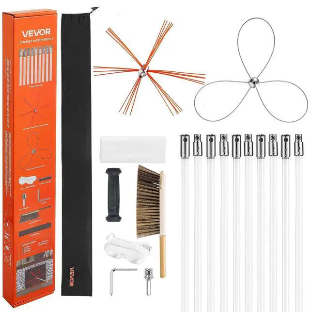 Main image of Chimney Sweep Kit, 33 ft Maximum Extendable Length Chimney Brush, Chimney Cleaner Sweeper with Dual Brush Heads, Brush & Goggles, Fireplace Cleaning Tool for Square, Rectangle, Arch Chimneys