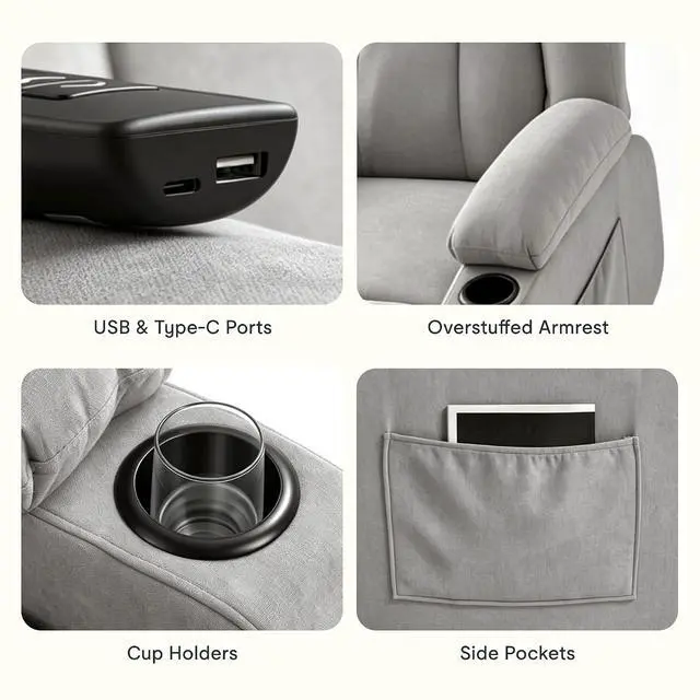 Alt view image 7 of 7 - XL31 Power Lift Recliner Chair for Elderly, Electric Lift Chair with Massage & Heat, Fabric Reclining Sofa w/USB & Type-C Charging for Living Room Bedroom(Medium Size, Silver-Gray)