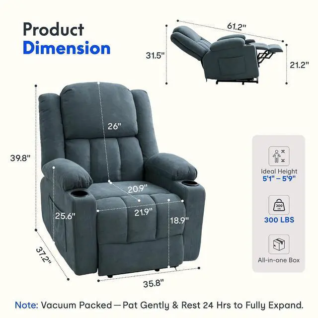 Alt view image 2 of 7 - XL31 Power Lift Recliner Chair for Elderly, Electric Lift Chair with Massage & Heat, Fabric Reclining Sofa w/USB & Type-C Charging for Living Room Bedroom(Medium Size, Denim Blue)