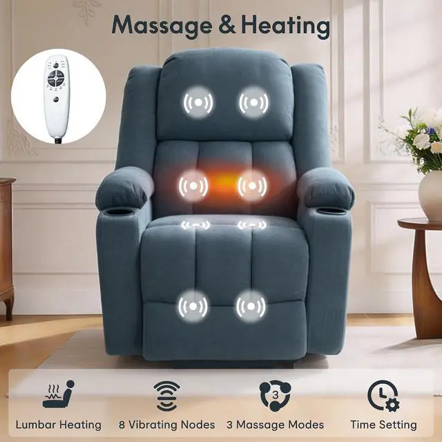 Alt view image 4 of 7 - XL31 Power Lift Recliner Chair for Elderly, Electric Lift Chair with Massage & Heat, Fabric Reclining Sofa w/USB & Type-C Charging for Living Room Bedroom(Medium Size, Denim Blue)