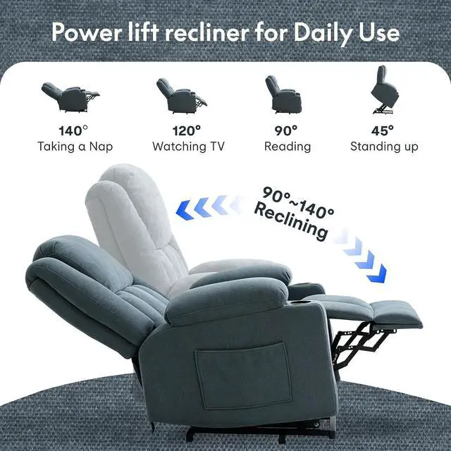 Alt view image 5 of 7 - XL31 Power Lift Recliner Chair for Elderly, Electric Lift Chair with Massage & Heat, Fabric Reclining Sofa w/USB & Type-C Charging for Living Room Bedroom(Medium Size, Denim Blue)