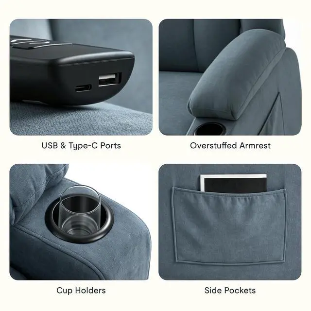 Alt view image 7 of 7 - XL31 Power Lift Recliner Chair for Elderly, Electric Lift Chair with Massage & Heat, Fabric Reclining Sofa w/USB & Type-C Charging for Living Room Bedroom(Medium Size, Denim Blue)