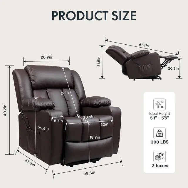 Alt view image 2 of 7 - XL31 Power Lift Chair for Elderly with Massage & Heat, Electric Lift Recliner Chair with Cup Holders, PU Leather Single Sofa for Living Room Bedroom(Medium Size, Dark-Brown)