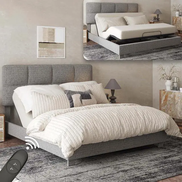Main image of All-in-One Adjustable Bed Frame with Upholstered Square Tufted Headboard, QueenModern Minimalist DesignSynchronized Head&Foot Lift for Relaxation5Y Motor&10Y Frame Warranty,Light Grey