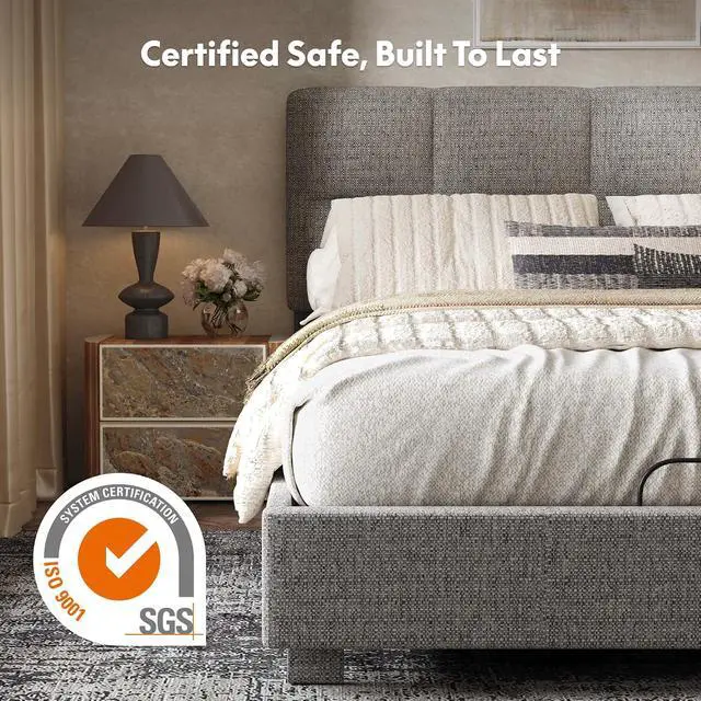 Alt view image 4 of 7 - All-in-One Adjustable Bed Frame with Upholstered Square Tufted Headboard, QueenModern Minimalist DesignSynchronized Head&Foot Lift for Relaxation5Y Motor&10Y Frame Warranty,Light Grey
