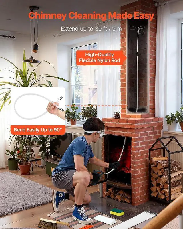 Alt view image 3 of 7 - Chimney Sweep Kit, 30 ft Maximum Extendable Length Chimney Brush, Chimney Cleaner Sweeper with Dual Brush Heads, Brush & Goggles, Fireplace Cleaning Tool for Square, Rectangle, Arch Chimneys