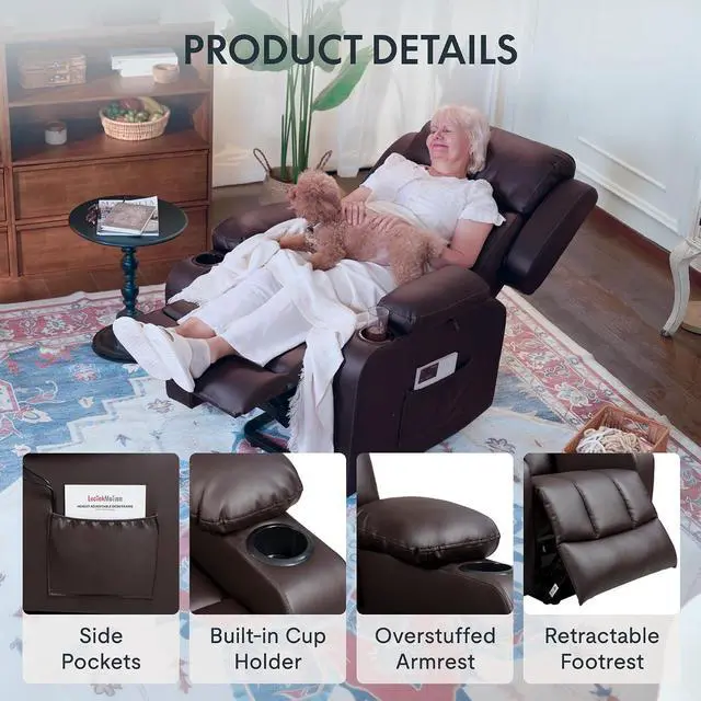 Alt view image 7 of 7 - XL31 Power Lift Chair for Elderly with Massage & Heat, Electric Lift Recliner Chair with Cup Holders, PU Leather Single Sofa for Living Room Bedroom(Medium Size, Dark-Brown)