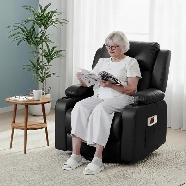 Alt view image 2 of 7 - XL31 Power Lift Recliner Chair for Elderly, Electric Lift Chair with Massage & Heat, PU Leather Reclining Sofa w/Cup Holders, Side Pockets for Living Room Bedroom(Medium Size,Black)