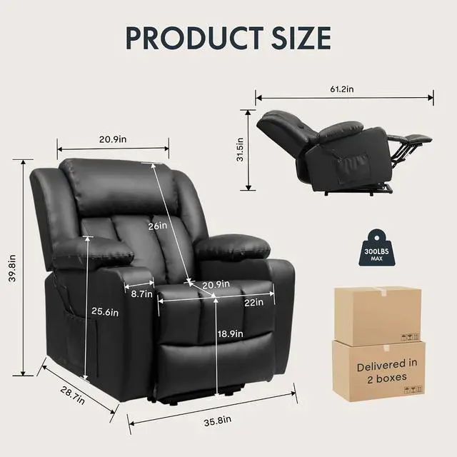 Alt view image 3 of 7 - XL31 Power Lift Recliner Chair for Elderly, Electric Lift Chair with Massage & Heat, PU Leather Reclining Sofa w/Cup Holders, Side Pockets for Living Room Bedroom(Medium Size,Black)