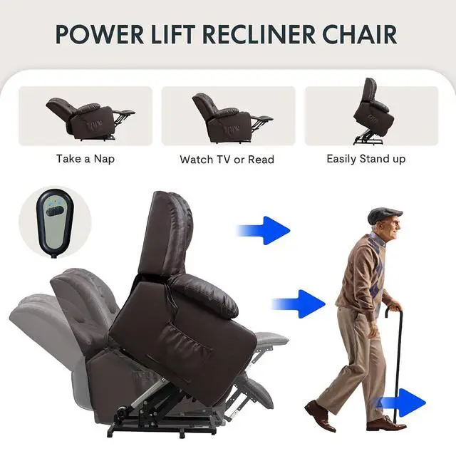 Alt view image 5 of 7 - XL31 Power Lift Chair for Elderly with Massage & Heat, Electric Lift Recliner Chair with Cup Holders, PU Leather Single Sofa for Living Room Bedroom(Medium Size, Dark-Brown)