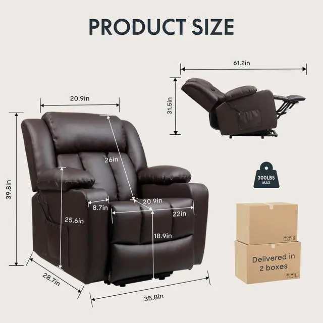 Alt view image 3 of 7 - XL31 Power Lift Recliner Chair for Elderly, Electric Lift Chair with Massage & Heat, Faux Leather Reclining Sofa for Living Room Bedroom, Brown