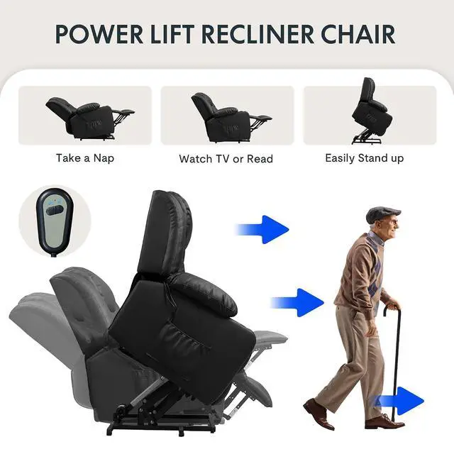 Alt view image 6 of 7 - XL31 Power Lift Recliner Chair for Elderly, Electric Lift Chair with Massage & Heat, PU Leather Reclining Sofa w/Cup Holders, Side Pockets for Living Room Bedroom(Medium Size,Black)