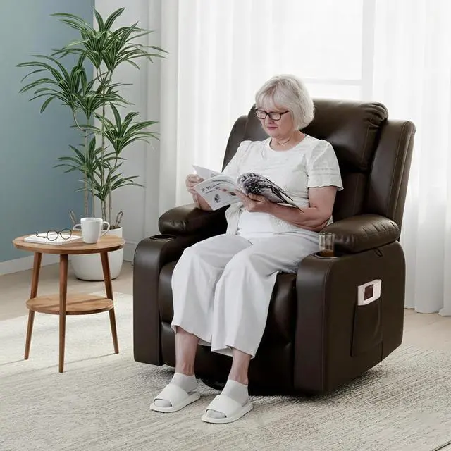 Alt view image 3 of 7 - XL31 Power Lift Chair for Elderly with Massage & Heat, Electric Lift Recliner Chair with Cup Holders, PU Leather Single Sofa for Living Room Bedroom(Medium Size, Dark-Brown)