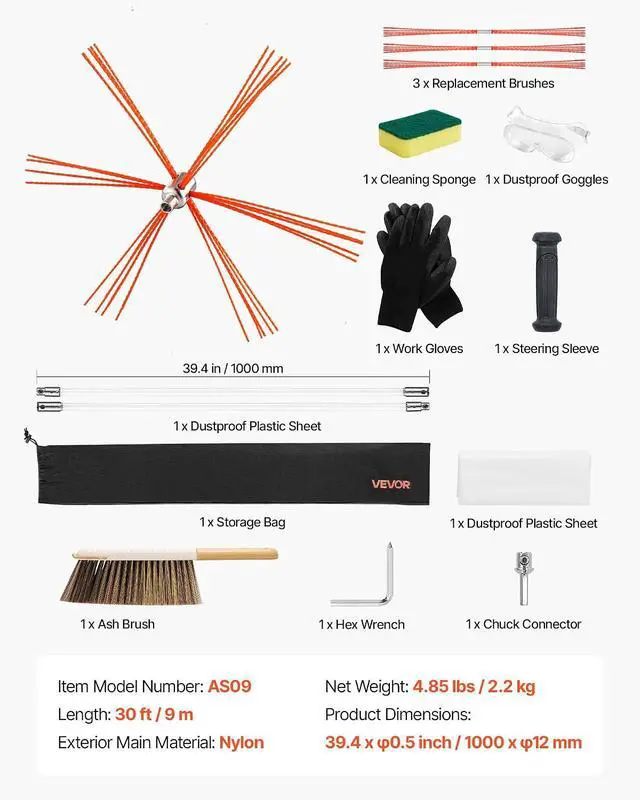 Alt view image 7 of 7 - Chimney Sweep Kit, 30 ft Maximum Extendable Length Chimney Sweep, Chimneys Cleaning Kit with Bristle Replacements & Goggles, 90° Bendable Fireplace Cleaning Tool, for Square, Rectangle Chimneys