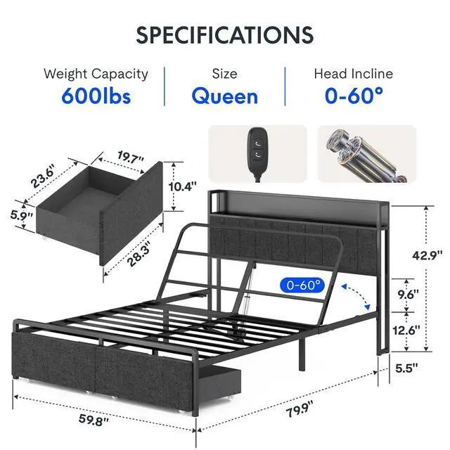 Alt view image 2 of 7 - BF21Q Queen Size Adjustable Bed Frame with 12 Inch Gel Memory Foam Mattress, Viscose from Bamboo, Medium Firm, Easy Assemble, Certi-PUR & Oeko-TEX Certified.