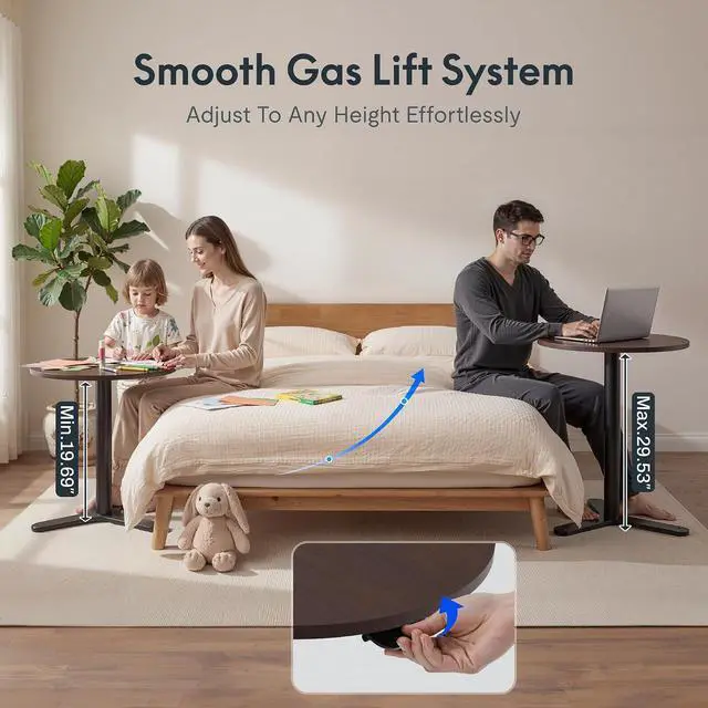 Alt view image 4 of 7 - Hako G1 Queen Solid Wood Platform Bed Frame & Adjustable Overbed Side Table Set, Storage Headboard with Charging Station, Gas Lift Height End Table for Bed & Sofa, Japanese Minimalist Design