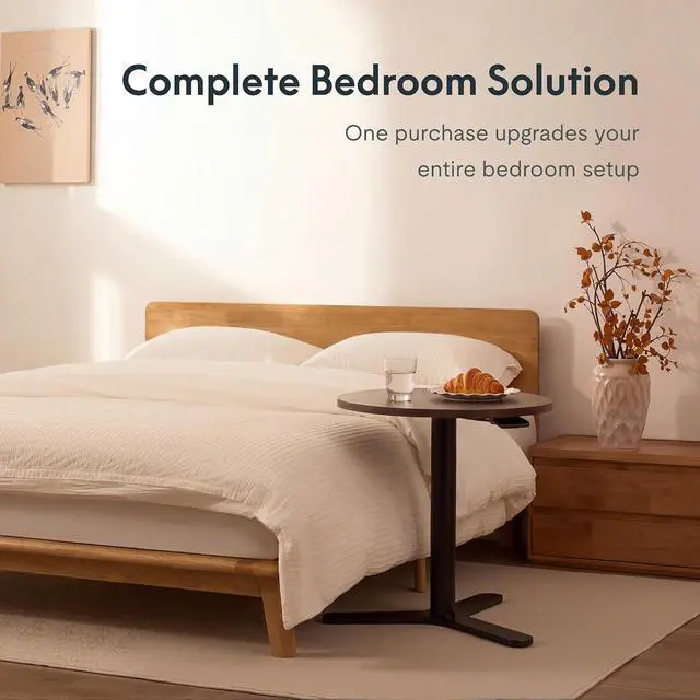 Alt view image 6 of 7 - Hako G1 Queen Solid Wood Platform Bed Frame & Adjustable Overbed Side Table Set, Storage Headboard with Charging Station, Gas Lift Height End Table for Bed & Sofa, Japanese Minimalist Design