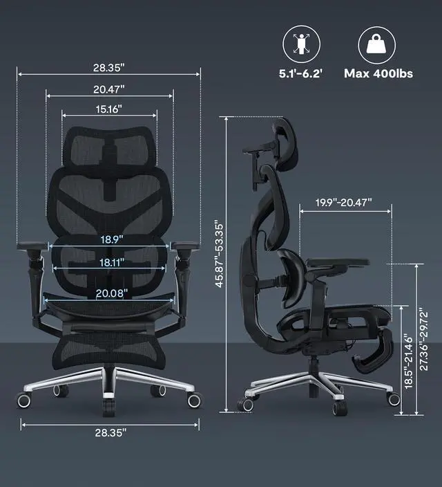 Alt view image 2 of 7 - Sentinel-Pro Ergonomic Gaming Chair with Dual-Wing, Adaptive Lumbar 7D Armrests 4-Position Recline up to 145° Height-Adjustable Backrest Premium Mesh Computer Office Chair for Home & Office