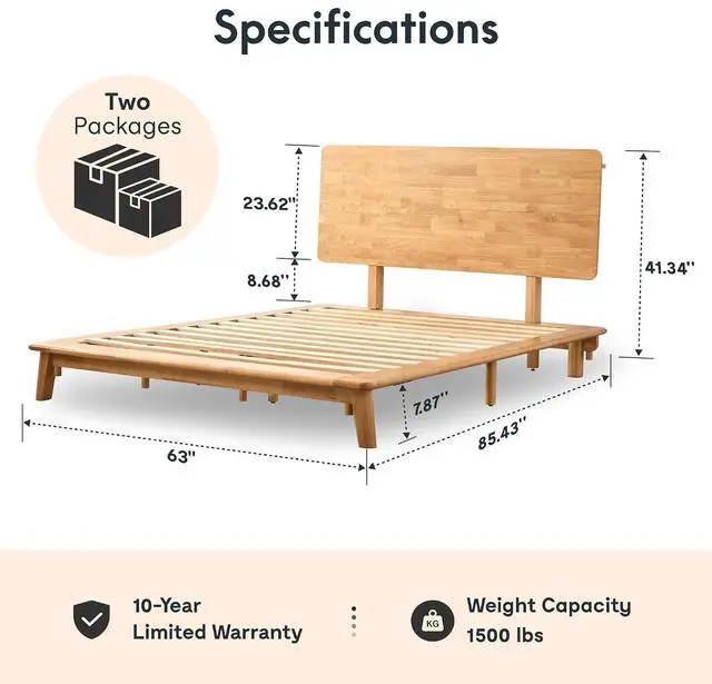 Alt view image 2 of 7 - Hako Queen Solid Wood Platform Bed Frame & Adjustable Overbed Side Table Set, Storage Headboard with Charging Station, Gas Lift Height End Table for Bed & Sofa, Japanese Minimalist Design