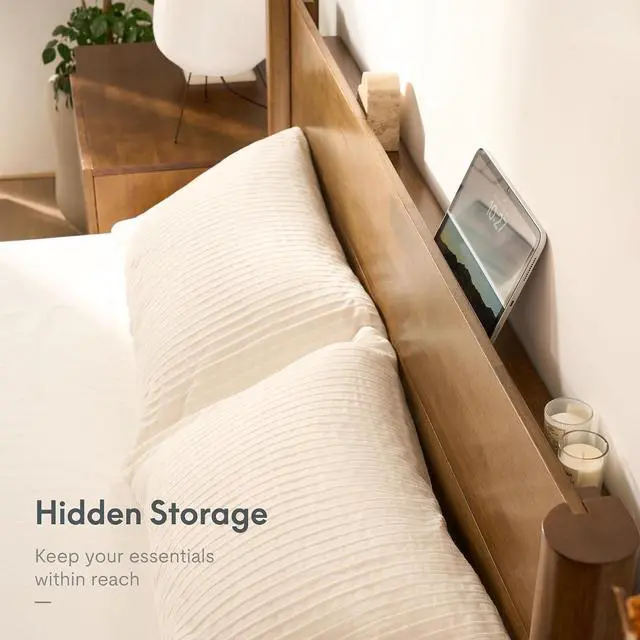 Alt view image 6 of 7 - Hako G2 Japanese Joinery Bed Frame King, Solid Rubberwood King Bed with Storage Headboard, IAS&SGS Certified, Japandi Minimalist, No Tools Assembly, 1500lb Capacity, 10-Year Warranty