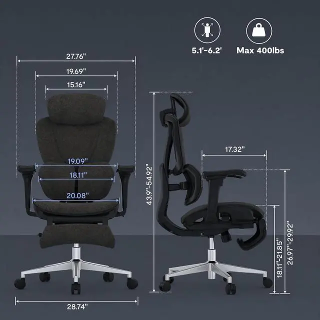 Alt view image 2 of 7 - Sentinel Ergonomic Gaming Chair with 3-Year Warranty Dual-Wing Adaptive Lumbar 3D Armrests 120° 3-Position Recline Height-Adjustable Backrest Premium Computer Desk Chair for Home & Office