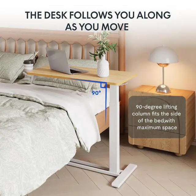 Alt view image 6 of 7 - H7 Adjustable Overbed Bedside Table with Wheels Pneumatic Mobile Standing Desk Laptop Desk Rolling Computer Cart Movable Table Hospital Home Use(31.5" W x 17.7" D, Maple Large)