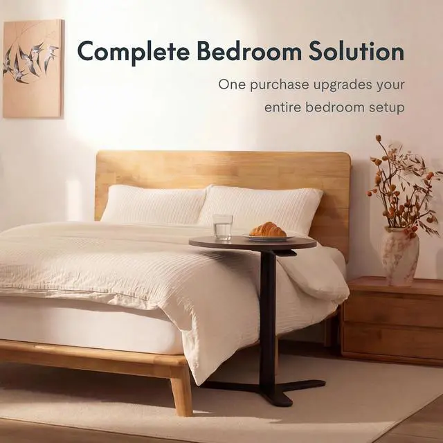 Alt view image 6 of 7 - Hako Queen Solid Wood Platform Bed Frame & Adjustable Overbed Side Table Set, Storage Headboard with Charging Station, Gas Lift Height End Table for Bed & Sofa, Japanese Minimalist Design