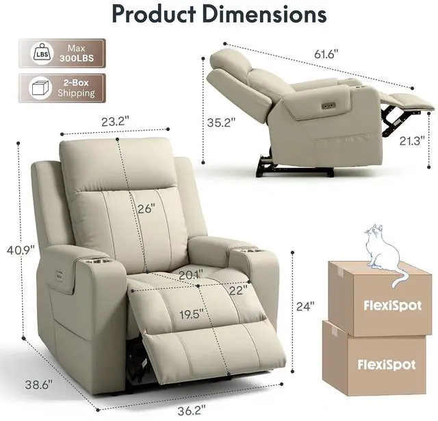 Alt view image 2 of 7 - Truffle Genuine Leather Power Recliner Chairs for Adults, Electric Wall Hugger RV Recliner with Adjustable Headrest, Massage & Heat, Compact Sofa for Living Room Home Theater, Beige