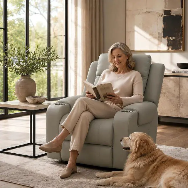 Alt view image 3 of 7 - Truffle Genuine Leather Power Recliner Chairs for Adults, Electric Wall Hugger RV Recliner with Adjustable Headrest, Massage & Heat, Compact Sofa for Living Room Home Theater, Beige