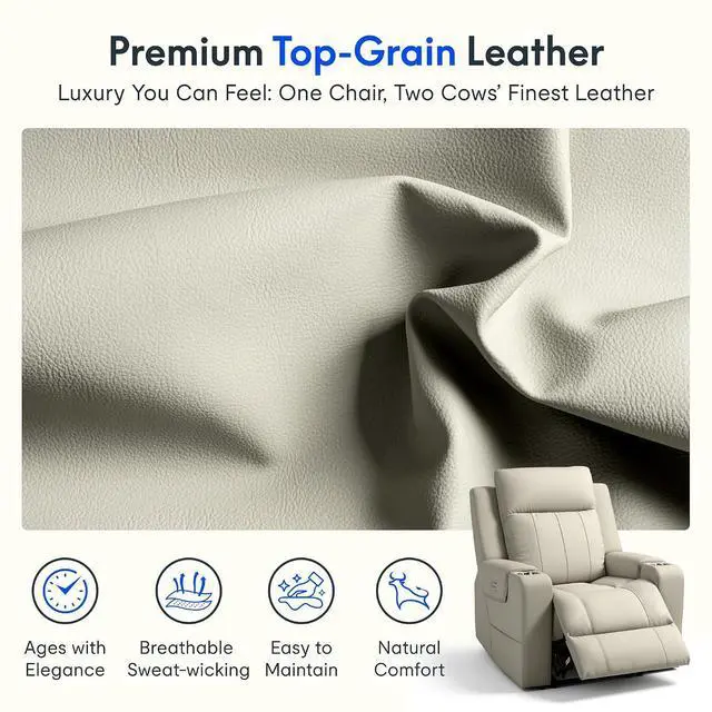 Alt view image 4 of 7 - Truffle Genuine Leather Power Recliner Chairs for Adults, Electric Wall Hugger RV Recliner with Adjustable Headrest, Massage & Heat, Compact Sofa for Living Room Home Theater, Beige