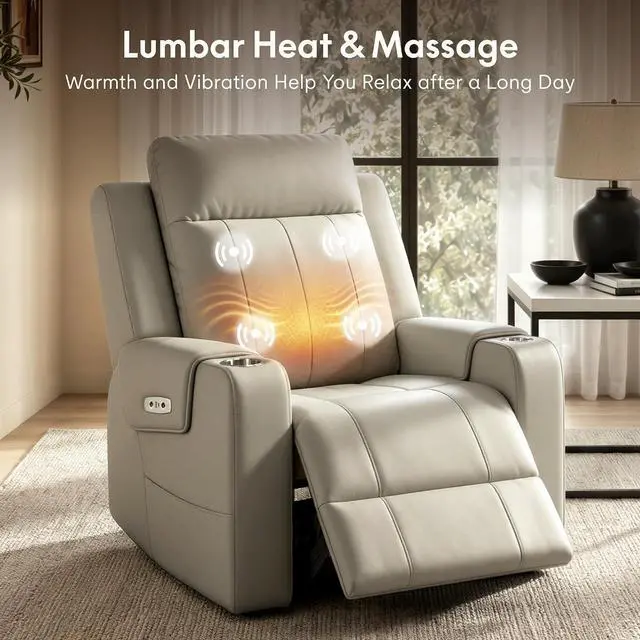 Alt view image 6 of 7 - Truffle Genuine Leather Power Recliner Chairs for Adults, Electric Wall Hugger RV Recliner with Adjustable Headrest, Massage & Heat, Compact Sofa for Living Room Home Theater, Beige