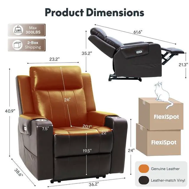 Alt view image 2 of 7 - Truffle Genuine Leather Power Recliner w/ 1.2" Wall-Hugger Clearance, Electric Zero-Wall RV Recliner w/Adjustable Headrest, Massage & Heat, Home Theater Sofa, FSC-Certified, Chocolate