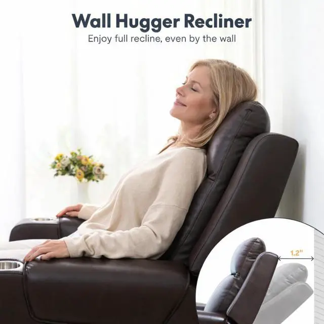 Alt view image 4 of 7 - Truffle Genuine Leather Power Recliner w/ 1.2" Wall-Hugger Clearance, Electric Zero-Wall RV Recliner w/Adjustable Headrest, Massage & Heat, Home Theater Sofa, FSC-Certified, Chocolate