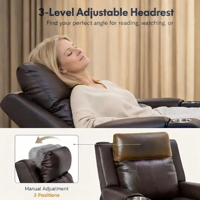 Alt view image 7 of 7 - Truffle Genuine Leather Power Recliner w/ 1.2" Wall-Hugger Clearance, Electric Zero-Wall RV Recliner w/Adjustable Headrest, Massage & Heat, Home Theater Sofa, FSC-Certified, Chocolate