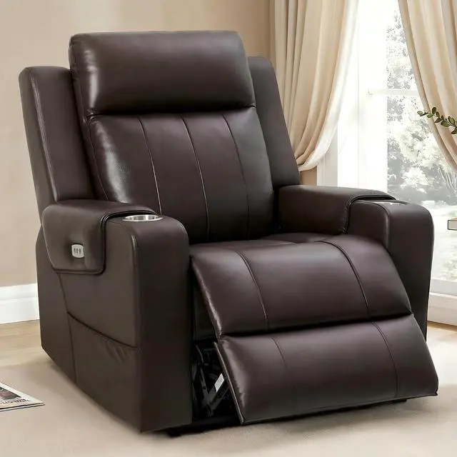 Main image of Truffle Genuine Leather Power Recliner w/ 1.2" Wall-Hugger Clearance, Electric Zero-Wall RV Recliner w/Adjustable Headrest, Massage & Heat, Home Theater Sofa, FSC-Certified, Chocolate