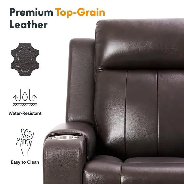 Alt view image 5 of 7 - Truffle Genuine Leather Power Recliner w/ 1.2" Wall-Hugger Clearance, Electric Zero-Wall RV Recliner w/Adjustable Headrest, Massage & Heat, Home Theater Sofa, FSC-Certified, Chocolate