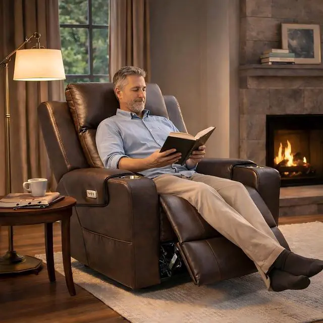 Alt view image 3 of 7 - Truffle Genuine Leather Power Recliner w/ 1.2" Wall-Hugger Clearance, Electric Zero-Wall RV Recliner w/Adjustable Headrest, Massage & Heat, Home Theater Sofa, FSC-Certified, Chocolate