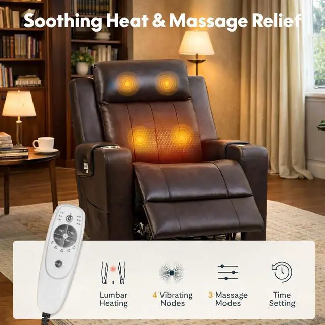 Alt view image 6 of 7 - Truffle Genuine Leather Power Recliner w/ 1.2" Wall-Hugger Clearance, Electric Zero-Wall RV Recliner w/Adjustable Headrest, Massage & Heat, Home Theater Sofa, FSC-Certified, Chocolate