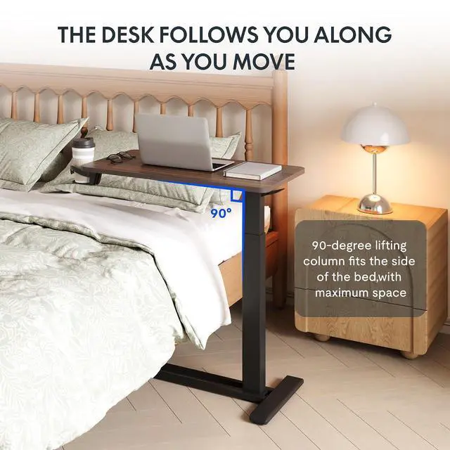 Alt view image 7 of 7 - H7 Adjustable Overbed Bedside Table with Wheels Pneumatic Mobile Standing Desk Laptop Desk Rolling Computer Cart Movable Table Hospital Home Use(27.6" W x 15.7" D, Mahogany Table)