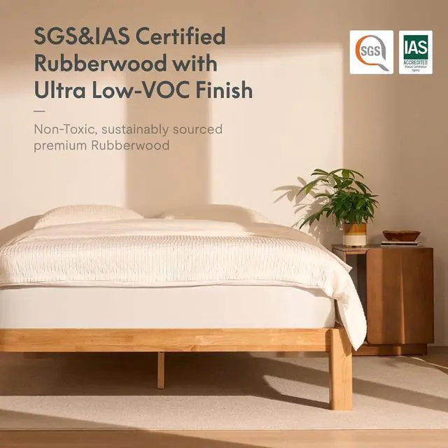 Alt view image 7 of 7 - Hako Japanese Joinery Bed Frame & 10" Cooling Gel Memory Foam Mattress Set, Solid Rubberwood Queen Bed, IAS&SGS Certified, No Tools Assembly, 10-Year Warranty, Natural Oak