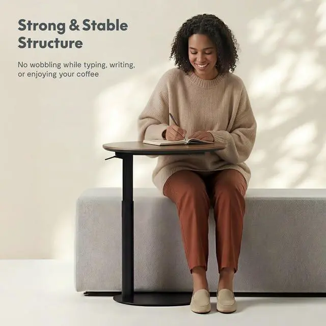 Alt view image 4 of 7 - Adjustable Side Table, Round End Table for Couch & Bed, Stable & Space-Saving Bed Side Table with Effortless One-Hand Height Adjustment, Natural Walnut Veneer, Low-Profile Steel Base