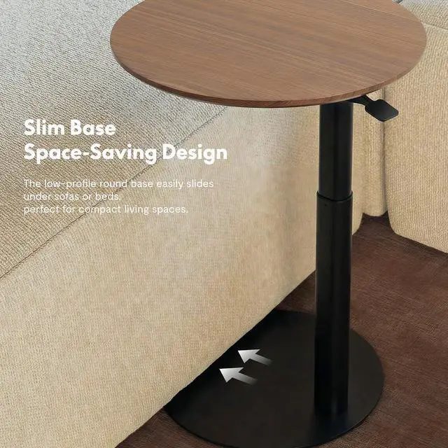 Alt view image 5 of 7 - Adjustable Side Table, Round End Table for Couch & Bed, Stable & Space-Saving Bed Side Table with Effortless One-Hand Height Adjustment, Natural Walnut Veneer, Low-Profile Steel Base