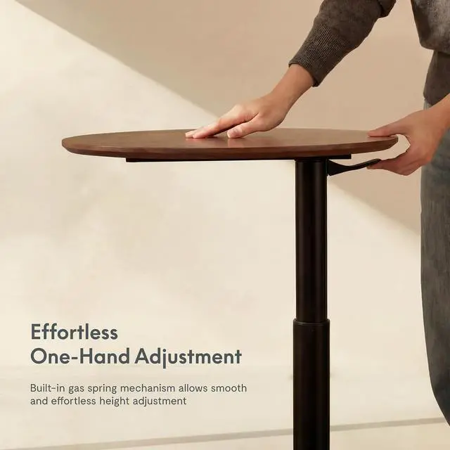 Alt view image 3 of 7 - Adjustable Side Table, Round End Table for Couch & Bed, Stable & Space-Saving Bed Side Table with Effortless One-Hand Height Adjustment, Natural Walnut Veneer, Low-Profile Steel Base