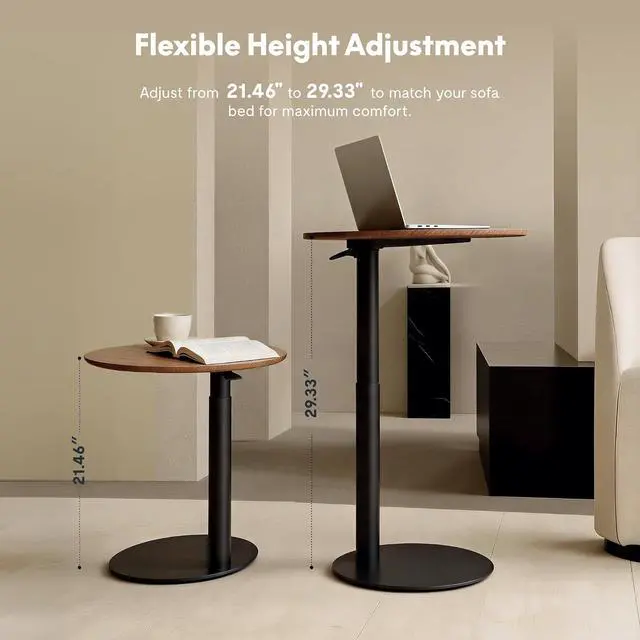 Alt view image 2 of 7 - Adjustable Side Table, Round End Table for Couch & Bed, Stable & Space-Saving Bed Side Table with Effortless One-Hand Height Adjustment, Natural Walnut Veneer, Low-Profile Steel Base
