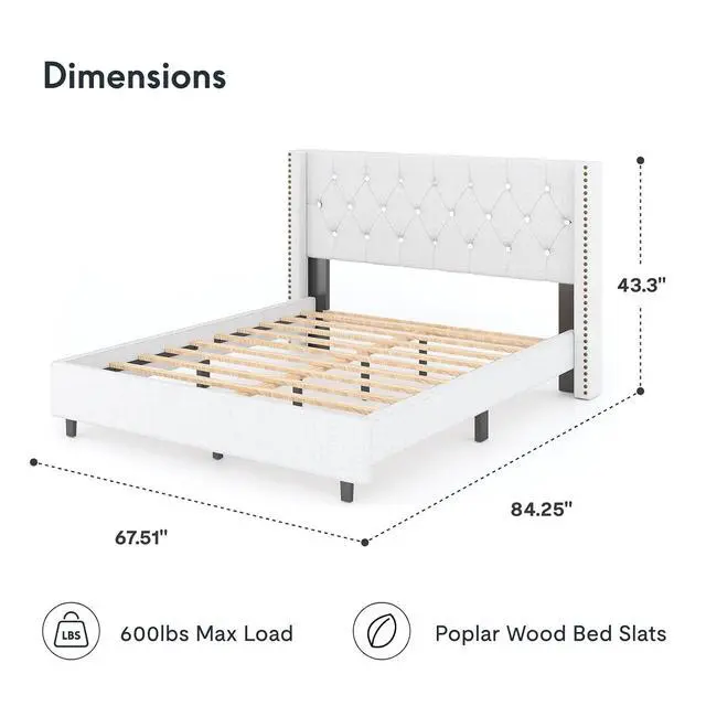 Alt view image 2 of 7 - Queen Size Bed Frame, Upholstered in Natural Linen, Platform Bed with Wingback Headboard, Luxury Diamond Tufting, Heavy-Duty Wooden Slats, No Squeaking, No Box Spring Needed, White