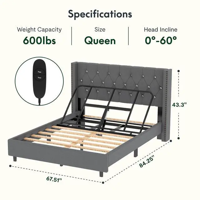 Alt view image 2 of 7 - Queen Size Upholstered Adjustable Bed Wingback Tufted Headboard, Head Incline, Sturdy Wooden Slats, 700 lbs Capacity, No Box Spring Needed, Easy Assembly, Grey