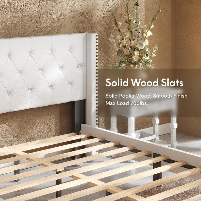 Alt view image 7 of 7 - Queen Size Bed Frame, Upholstered in Natural Linen, Platform Bed with Wingback Headboard, Luxury Diamond Tufting, Heavy-Duty Wooden Slats, No Squeaking, No Box Spring Needed, White