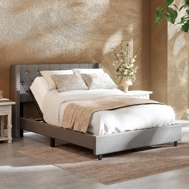 Main image of Queen Size Upholstered Adjustable Bed Wingback Tufted Headboard, Head Incline, Sturdy Wooden Slats, 700 lbs Capacity, No Box Spring Needed, Easy Assembly, Grey