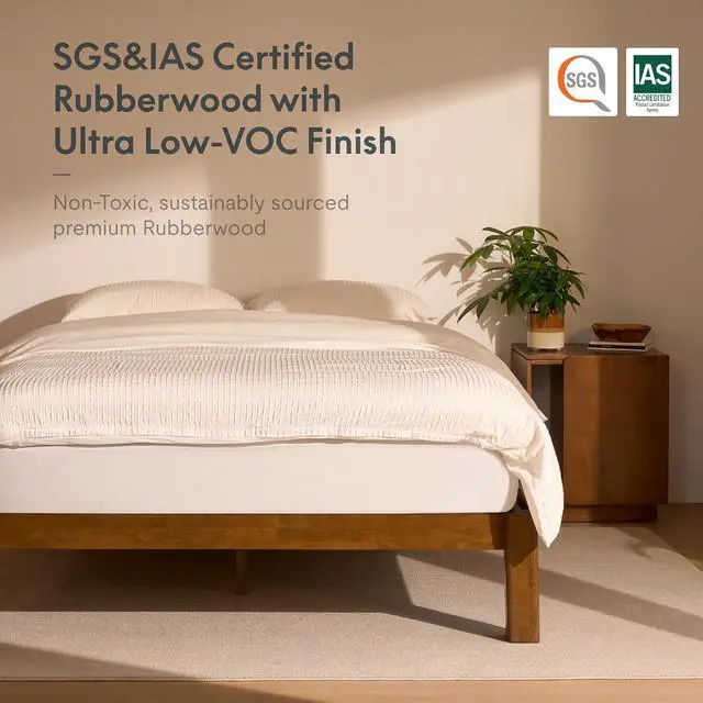 Alt view image 7 of 7 - Hako Japanese Joinery Bed Frame & 10" Cooling Gel Memory Foam Mattress Set, Solid Rubberwood Queen Bed, IAS&SGS Certified, No Tools Assembly, 10-Year Warranty, Walnut